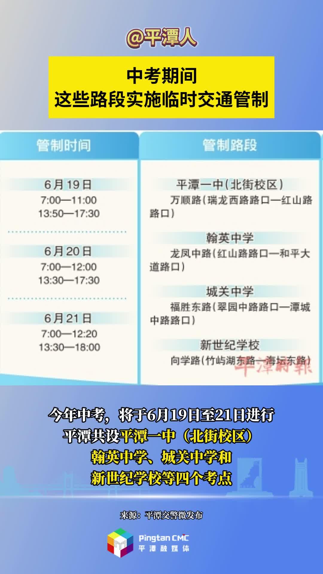 @平潭人，中考期间，这些路段实施临时交通管制