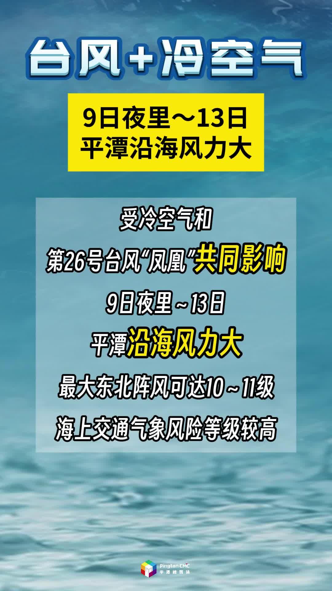 受冷空气和第26号台风“凤凰”共同影响，9日夜里～13日平潭沿海风力大