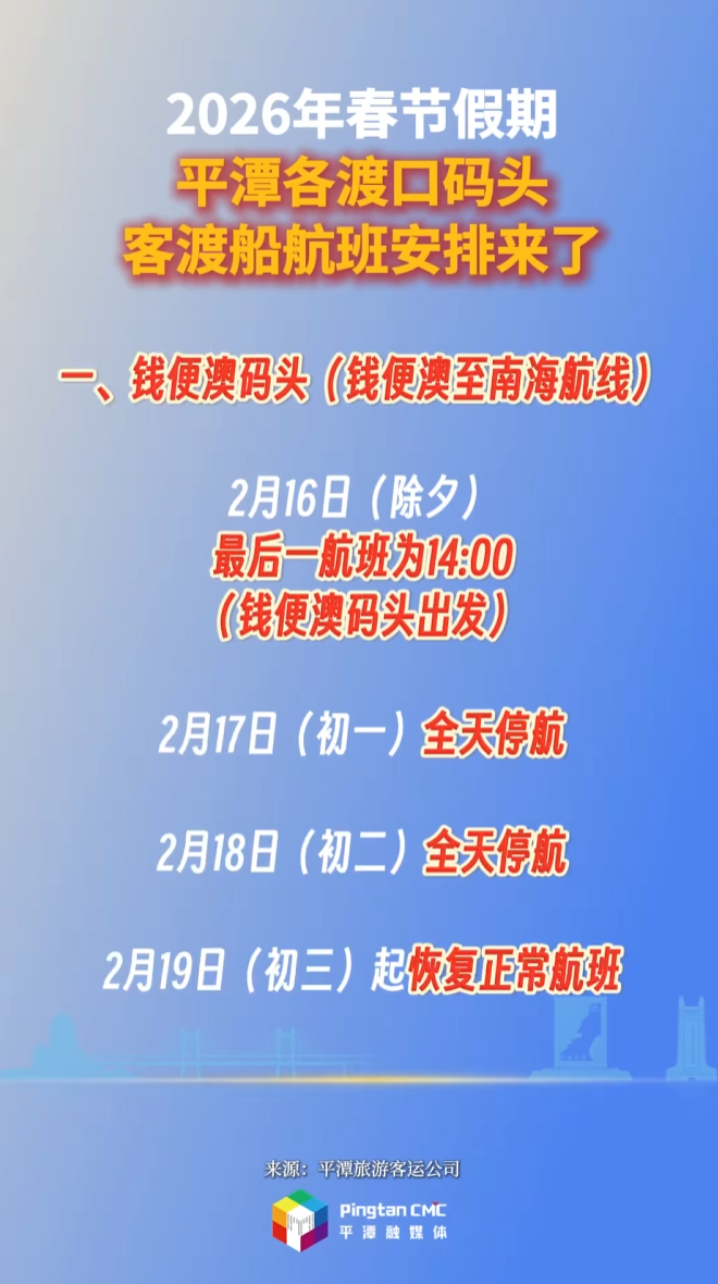 2026年春节假期，平潭各渡口码头客渡船航班安排来了